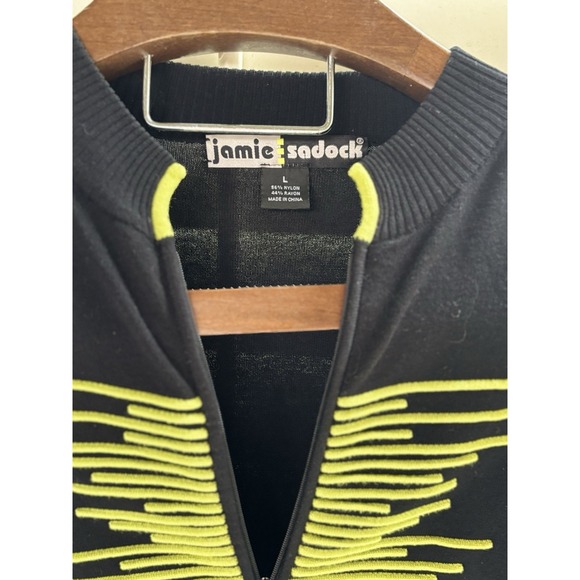 Jamie Sadock  L Black Full Zip Sweater Yellow Embroidered Design Zip Pocket Golf - Picture 5 of 6